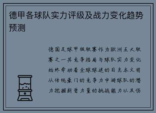 德甲各球队实力评级及战力变化趋势预测