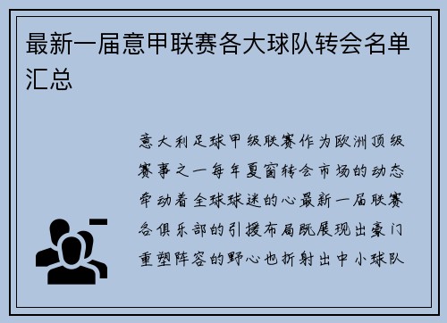 最新一届意甲联赛各大球队转会名单汇总
